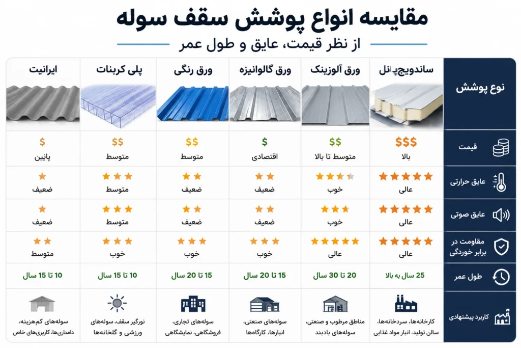 مقایسه انواع پوشش سقف سوله از نظر قیمت، عایق و طول عمر
