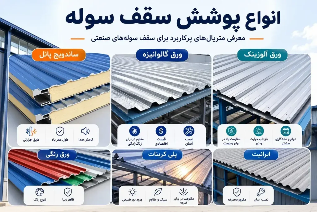 انواع پوشش سقف سوله شامل ساندویچ پانل، ورق گالوانیزه و آلوزینک