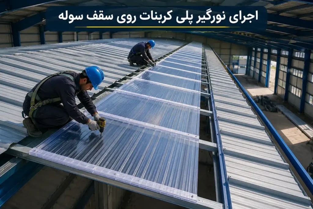 اجرای نورگیر پلی کربنات روی سقف سوله صنعتی