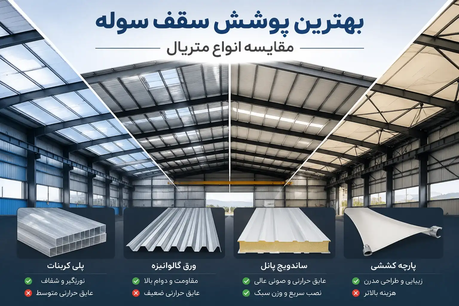 بهترین پوشش سقف سوله چیست؟ مقایسه کامل انواع متریال