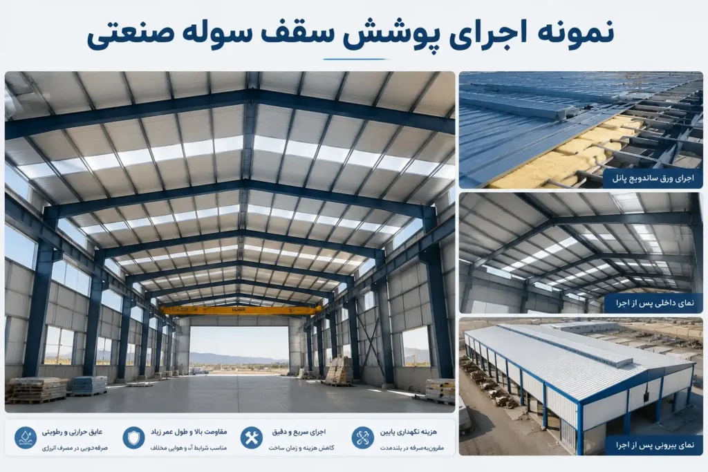 اجرای پوشش سقف سوله صنعتی با ورق گالوانیزه