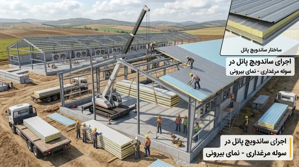 پوشش سقف سوله مرغداری با ساندویچ پانل عایق