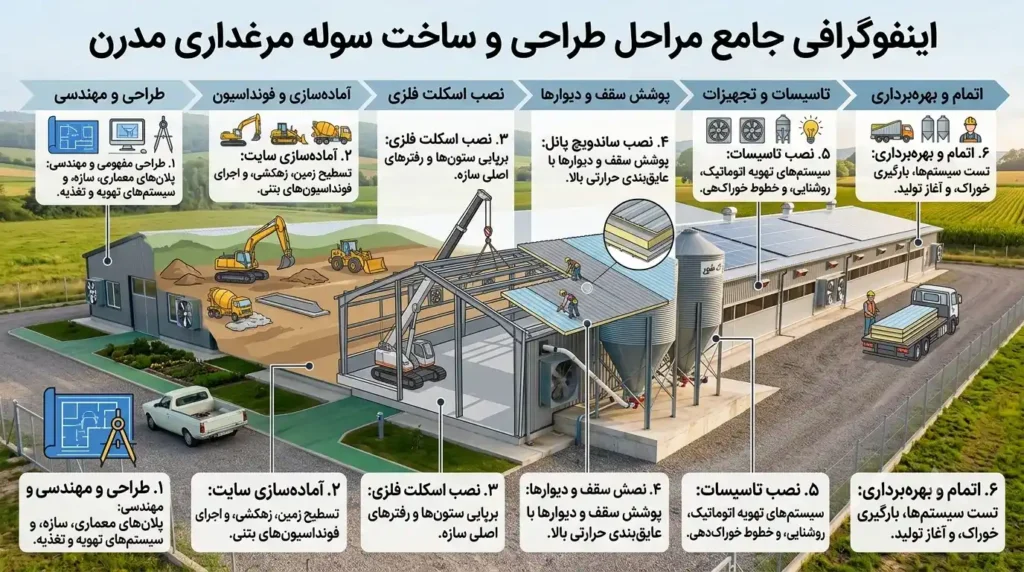 اینفوگرافی مراحل طراحی و ساخت سوله مرغداری